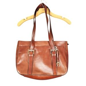 Etienne Aigner Cognac Brown Leather Tote Shoulder Bag Buckle‎ Detail 86545